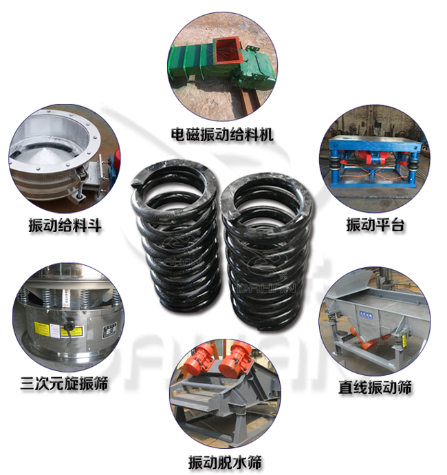 旋振篩減震彈簧適用產(chǎn)品：振動給料機，電磁振動給料機，振動平臺，直線振動篩，振動脫水篩，三次元旋振篩。