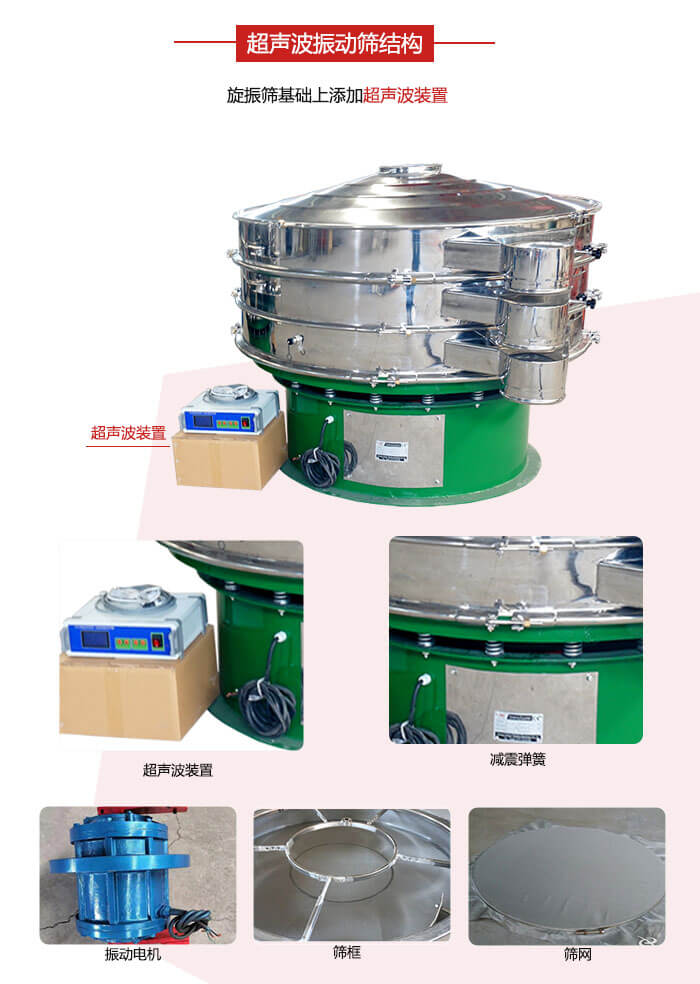 圓篩機(jī)內(nèi)部結(jié)構(gòu)：主要由振動(dòng)電機(jī)、篩框、篩網(wǎng)、超聲波系統(tǒng)、減震彈簧等展示圖