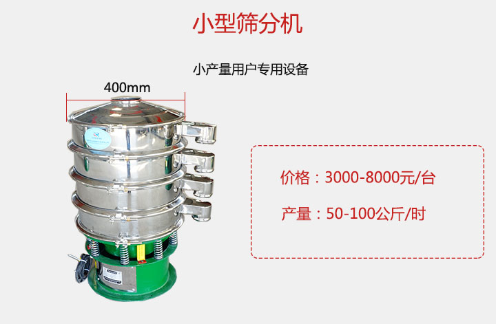 小型篩分機(jī)產(chǎn)量可達(dá)100公斤/時(shí)，價(jià)格3000元起。