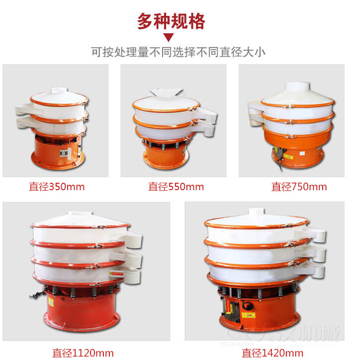 塑料振動篩不同篩分直徑進行展示：350，550，750，1120，1420等。