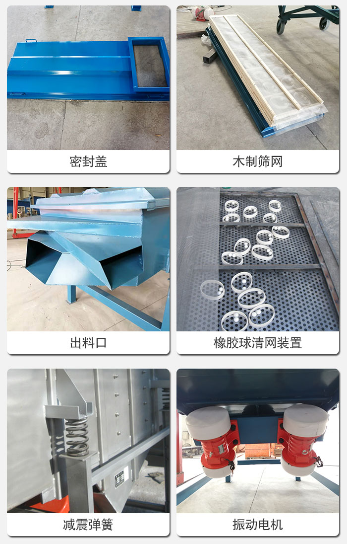 直線篩結(jié)構(gòu)展示：篩網(wǎng)，篩箱，振動電機(jī)，振動電機(jī)座，減震彈簧，支架等部件展示圖