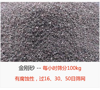 篩分金剛砂每小時(shí)100kg，有腐蝕性，過(guò)16、30、50目篩網(wǎng)