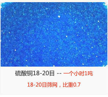 篩分18-20目的硫酸銅 產(chǎn)量一個(gè)小時(shí)1噸，采用18-20目篩網(wǎng)，比重0.7