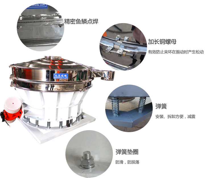 1500直排篩細(xì)節(jié)展示：彈簧，彈簧墊圈，加長銅螺母。