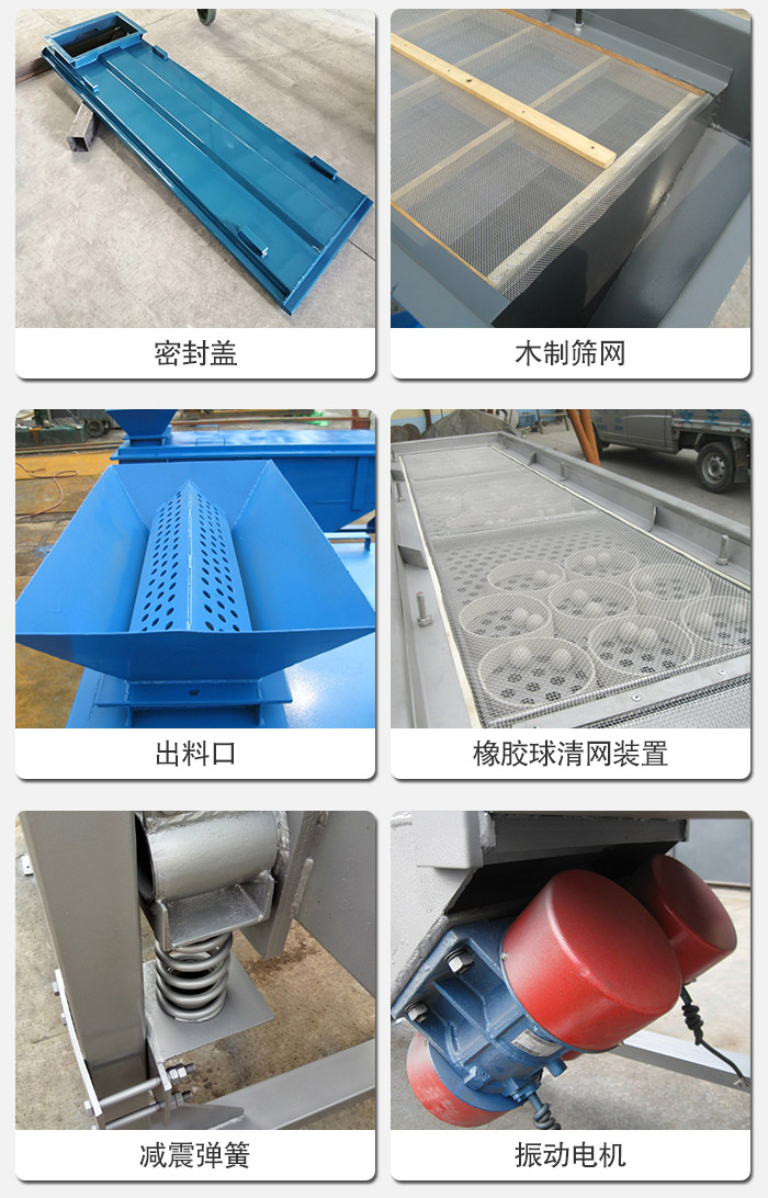 直線篩分機(jī)的結(jié)構(gòu)展示圖：篩箱是物料主要篩分設(shè)備之一，篩網(wǎng)用于篩分物料，振動(dòng)電機(jī)幫助篩網(wǎng)篩分。