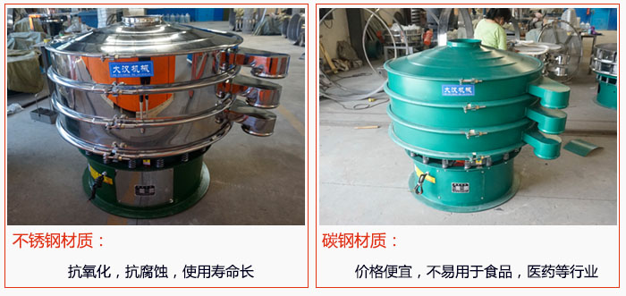 800型振動篩有不銹鋼和碳鋼兩種材質(zhì)，不銹鋼材質(zhì)：抗氧化，抗腐蝕，使用壽命長 碳鋼材質(zhì)：價格便宜，不易篩分食品，化工，醫(yī)藥等行業(yè)的物料。