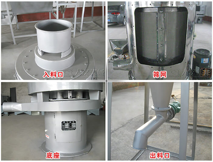 氣流篩部件展示：入料口，篩網(wǎng)，底座，出料口等。