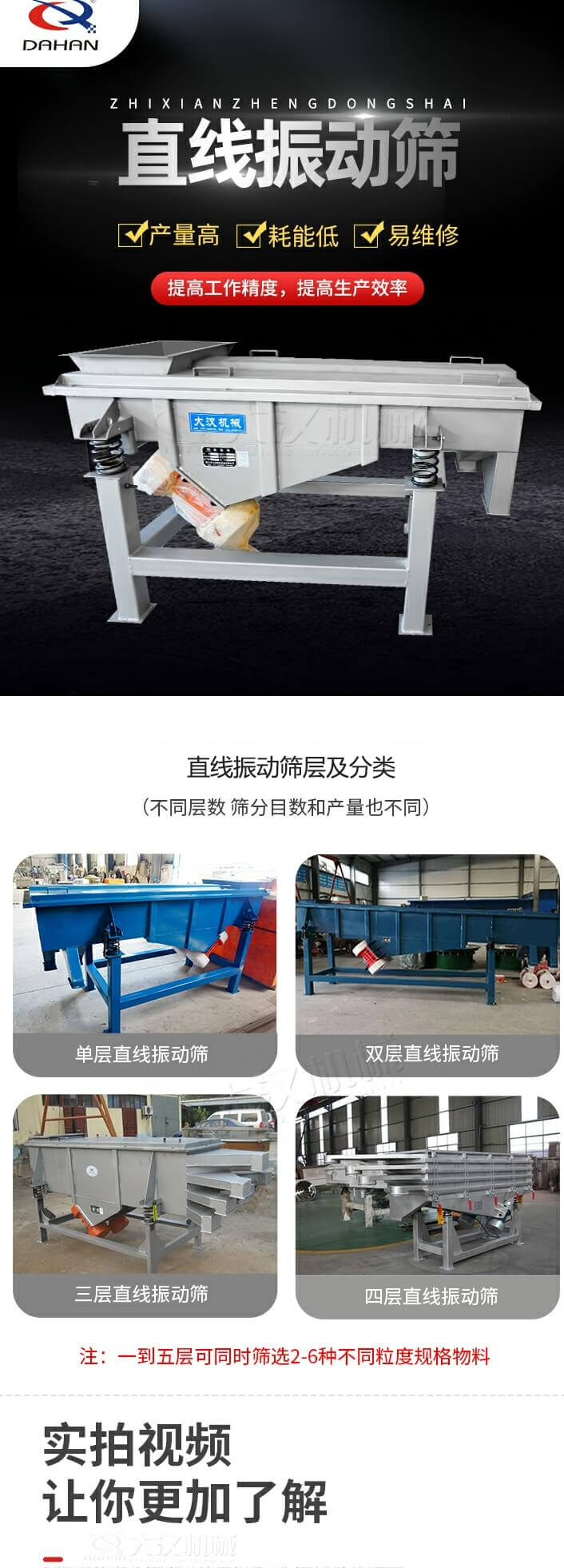 直線振動篩概述，產(chǎn)量高，耗能低，易維修，提高工作精度，提高生產(chǎn)效率，直線振動篩層級分類：不同層數(shù)，篩分目數(shù)和產(chǎn)量也不同：單層，雙層，三層，四層等。