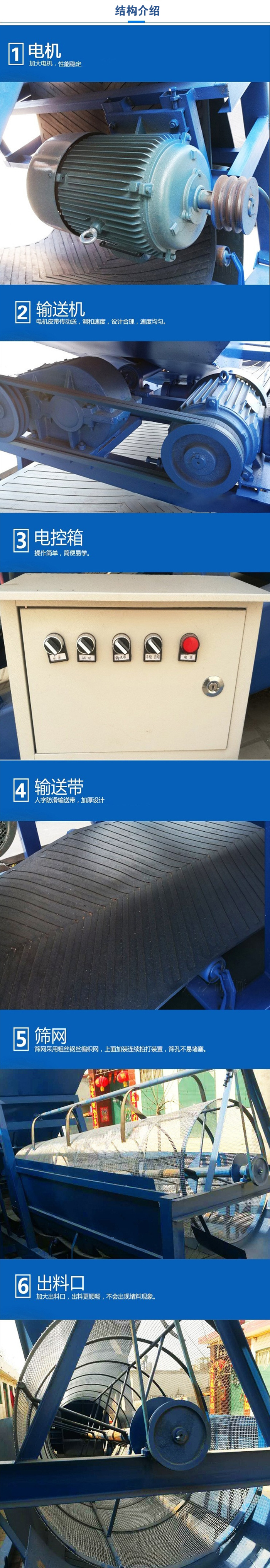 移動篩沙機結(jié)構(gòu):電機，加大電機，性能相對比較穩(wěn)定。輸送機：電機皮帶傳動送，調(diào)和速度，設(shè)計合理，速度均勻。電控箱：操作簡單，簡便易學。輸送帶：人字防滑輸送帶，加厚設(shè)計。篩網(wǎng)，采用粗絲鋼絲編織而成的篩網(wǎng)，上面加裝連續(xù)拍打裝置，篩孔不易堵塞。出料口：加大出料口，出料更順暢，不會出現(xiàn)堵料現(xiàn)象。