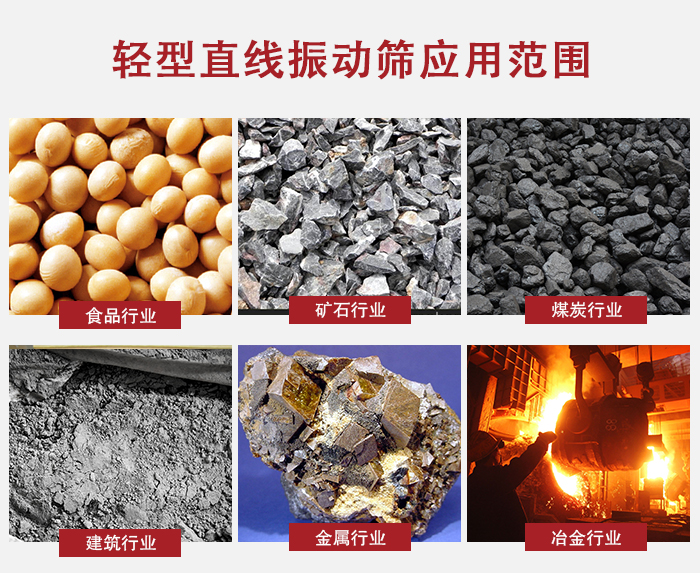 輕型直線振動篩應(yīng)用范圍較廣多使用與顆粒狀，粉狀以及其它重型行業(yè)的輸送。