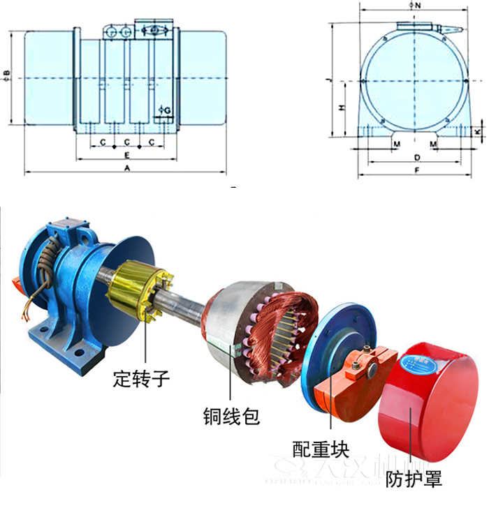 YZS振動電機內(nèi)部主要部件：定轉(zhuǎn)子，銅線包，配重塊，防護罩。