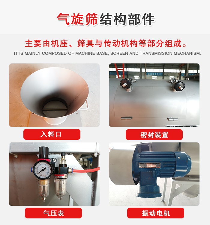 氣旋篩結(jié)構(gòu)：入料口，密封裝置，電機，氣壓表等