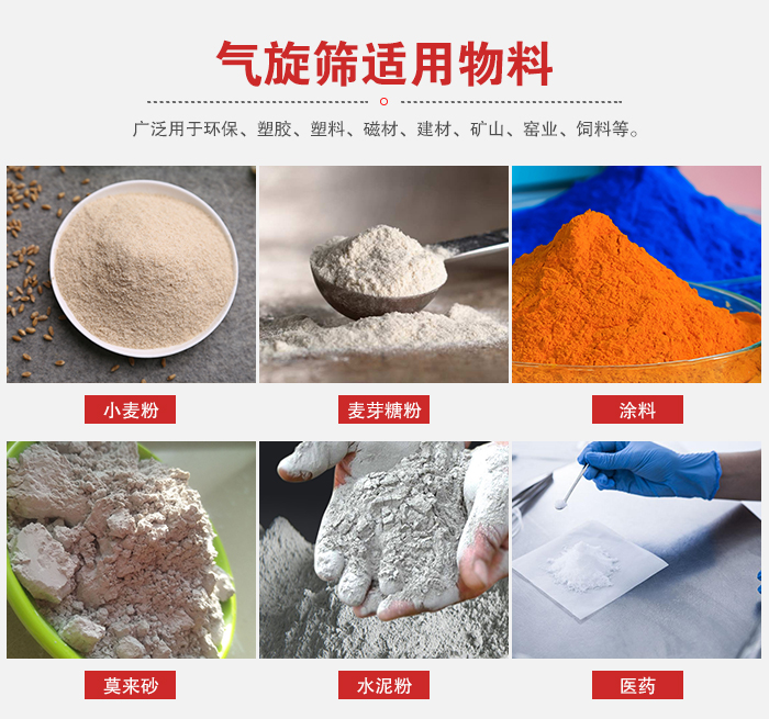 氣旋篩適用物料：小麥粉，麥芽糖粉，涂料，等粉狀物料。