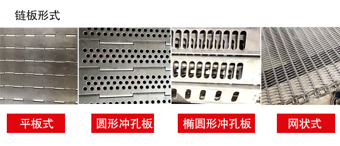 鏈板輸送機鏈板的不同形式：平板式，圓形沖孔板，網(wǎng)狀式等