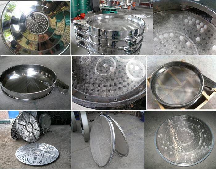 食品振動(dòng)篩細(xì)節(jié)展示：防塵蓋，篩框，網(wǎng)架，底框等。